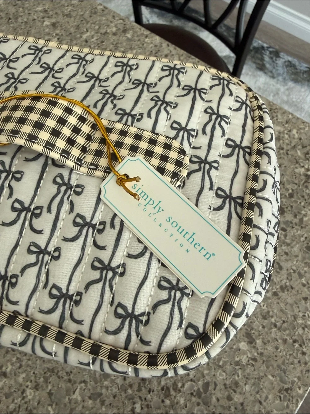 Simply Southern Black Bow Cosmo Quilted Make Up Travel Case, NWT